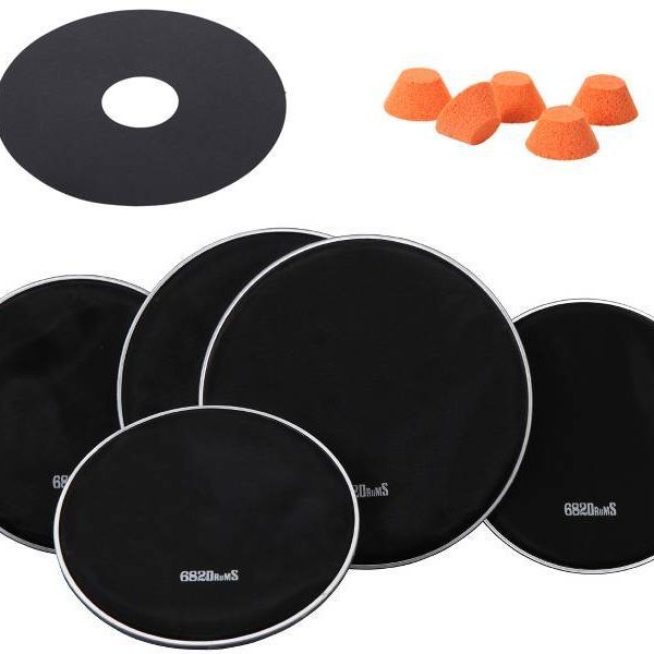 black mesh heads in various sizes with logo 682Drums + 5 orange cones + shield
