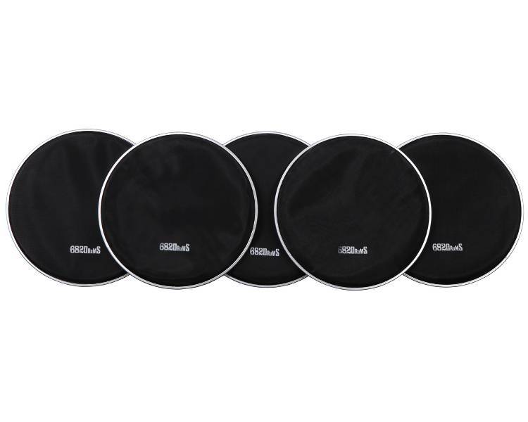 Set van 5 zwarte mesh heads/gaasvellen in verschillende maten met wit 682Drums logo.