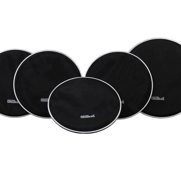 Set of 5 black mesh heads in different sizes with white 682Drums logo for Alesis surge-command kit